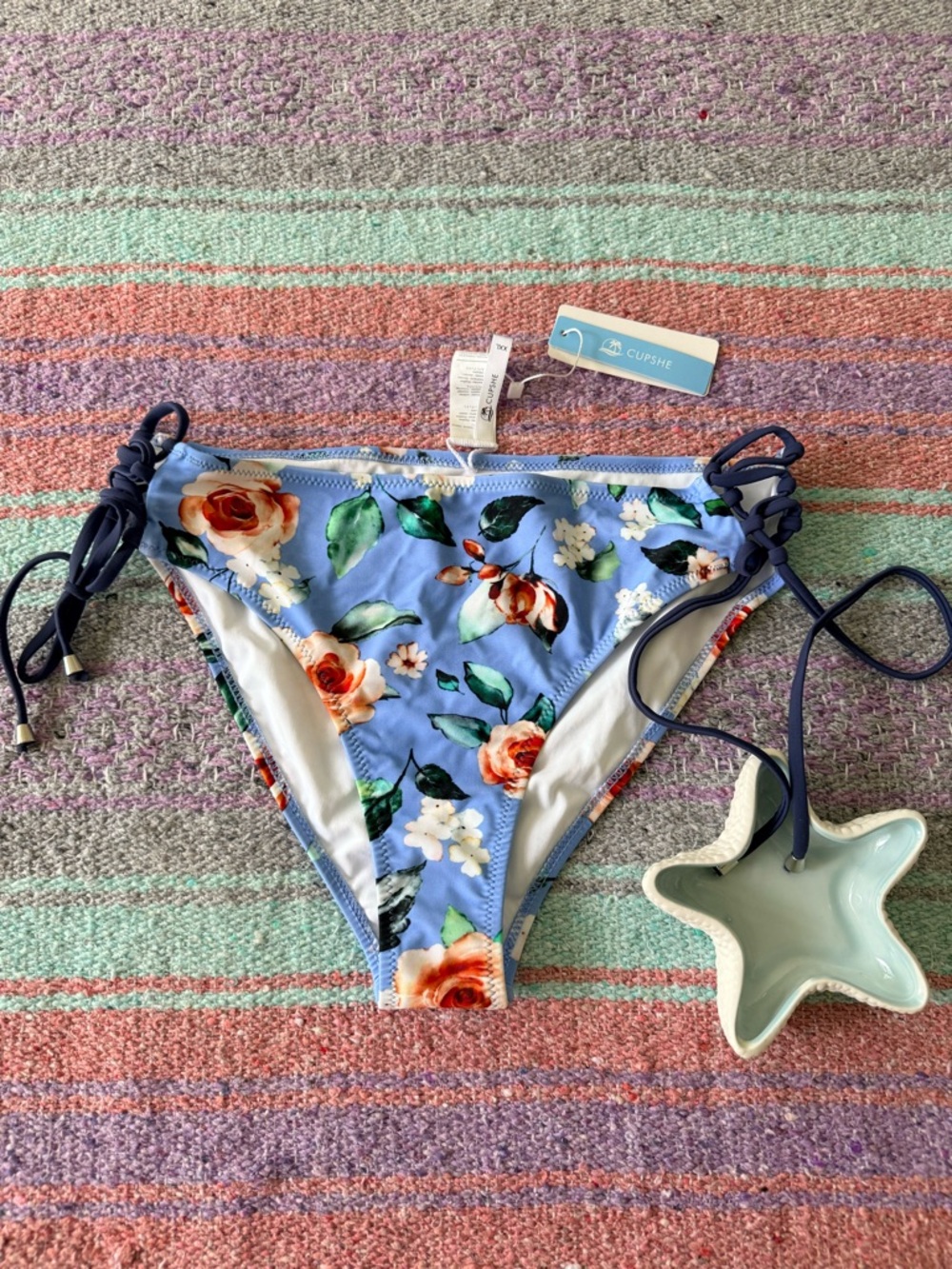 Cupshe Blue Floral Tie-Side Bikini Bottoms XXL